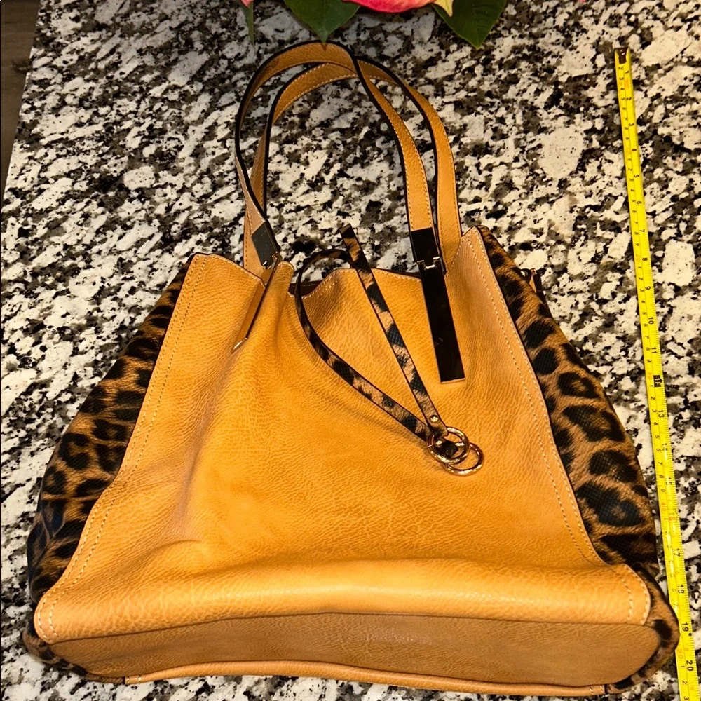 Boutique Tan and Leopard Print faux leather Tote with velvet lined interior